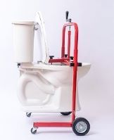 Red TK-400 tool holding a toilet suspended above the floor.  Link to Toilet Kart in store.